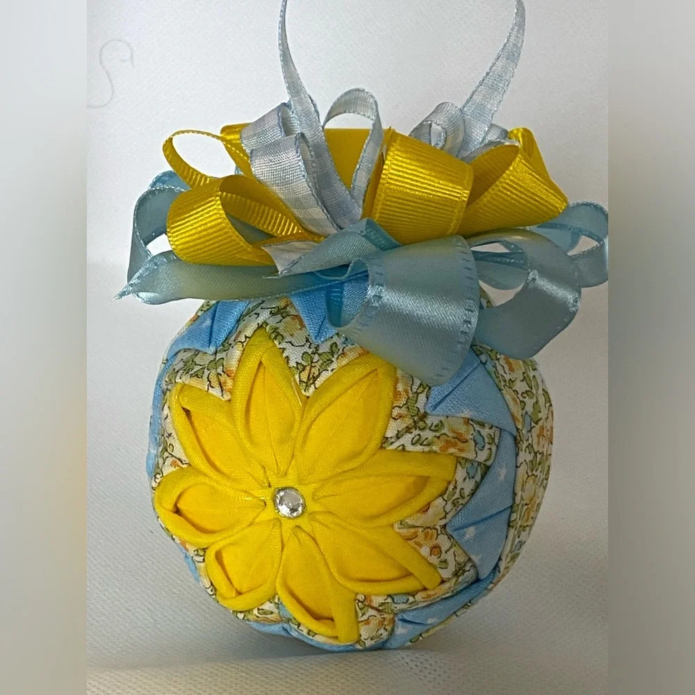 Blue and Yellow Floral Flower Ribbon Bow Holiday Christmas Ornament